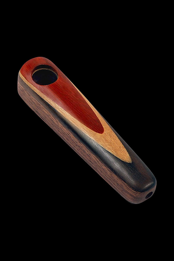 A slightly angled view of the Melting Teardrop Wood Hand Pipe, showcasing its rich wood grain and teardrop shape.