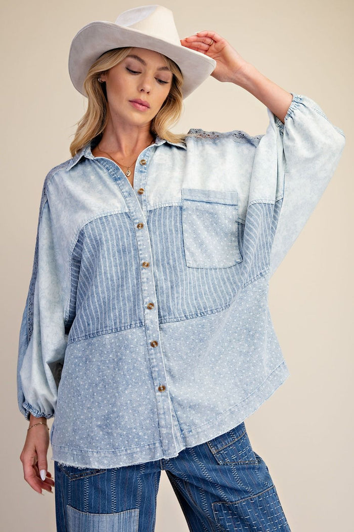 Spell On You Mixed Print Chambray Shirt - Curvy Available