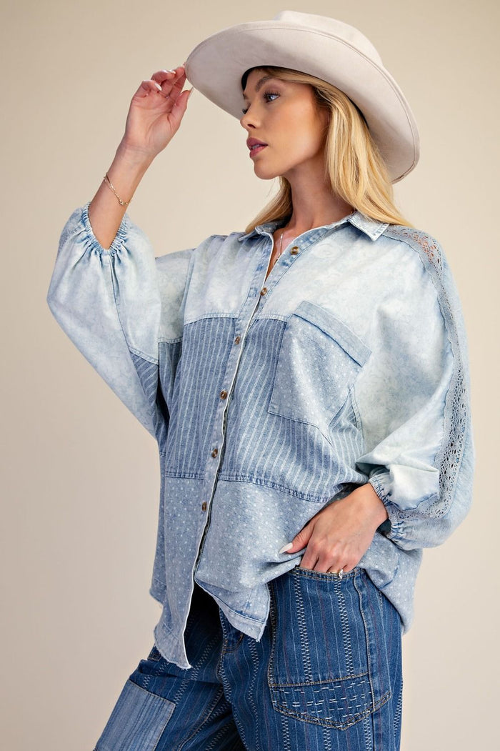 Spell On You Mixed Print Chambray Shirt - Curvy Available