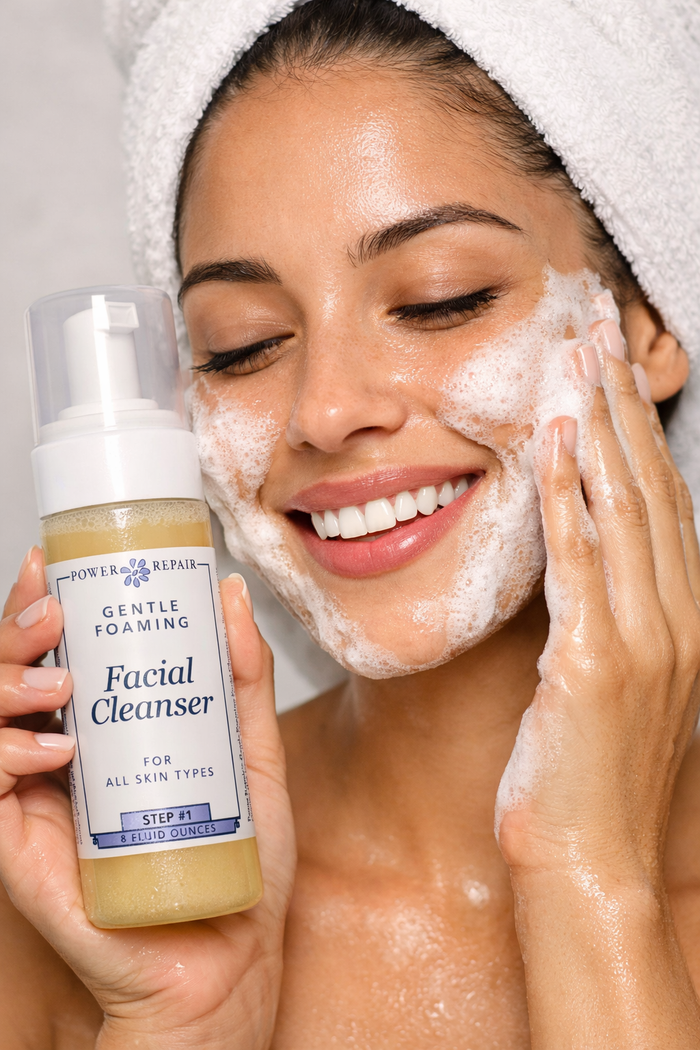 Woman applying Super Salve Co foaming face cleanser