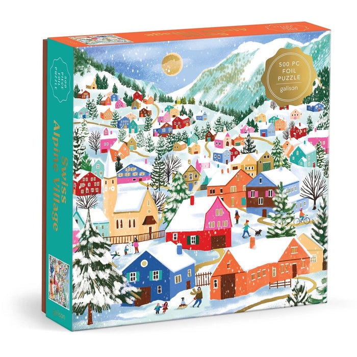 Swiss Alpine Village 500-piece gold foil puzzle by Joanna Clay — snow-covered Alpine village with skiers, evergreen trees, and mountains, 20x20 inches, published by Chronicle Books