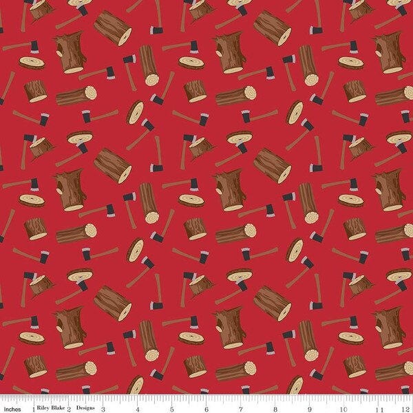 Woodsman Wood Axe Red Cotton Fabric
