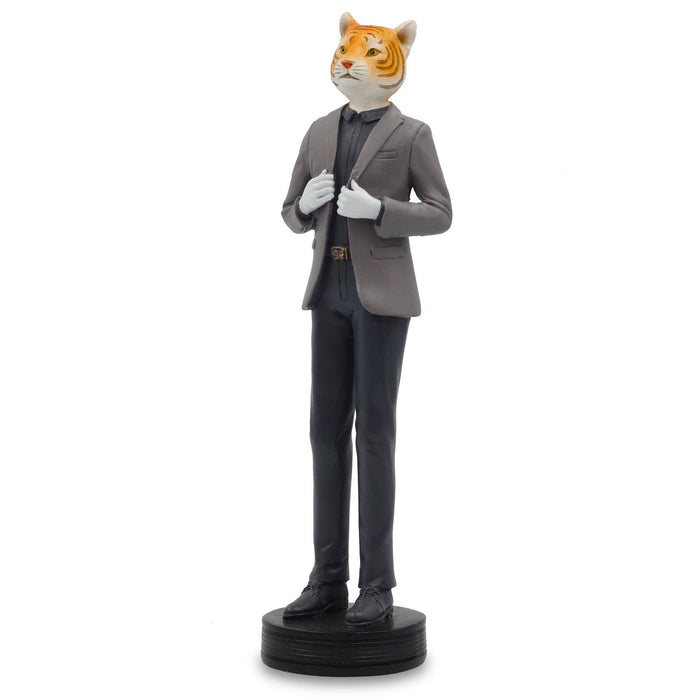 Statue of a cat in a suit on a white background