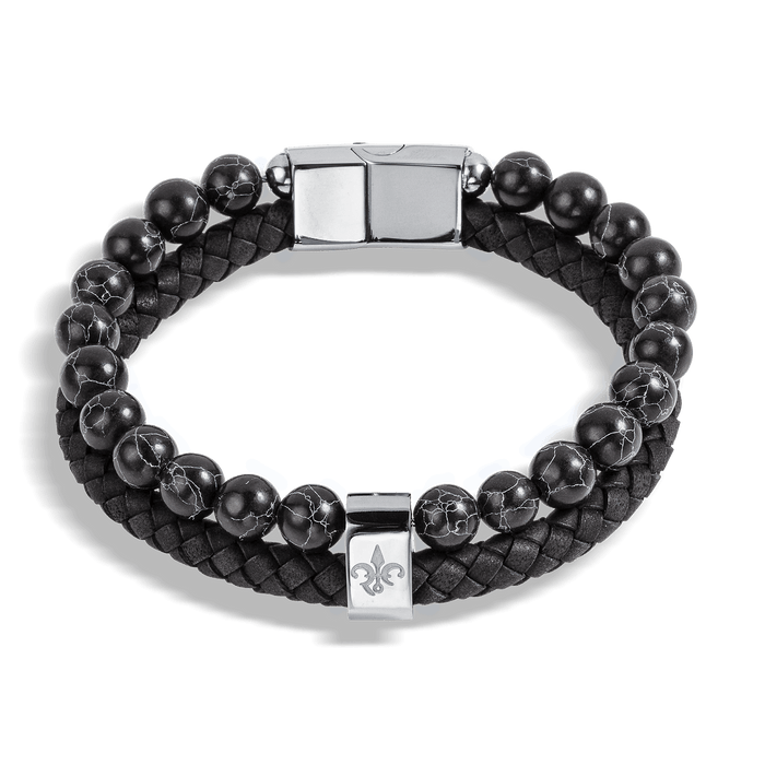 The Ambassador Bracelet - Silver featuring braided black leather and polished silver beads with a silver clasp embossed with a fleur-de-lis, men's luxury jewelry piece by Ralph Christian.