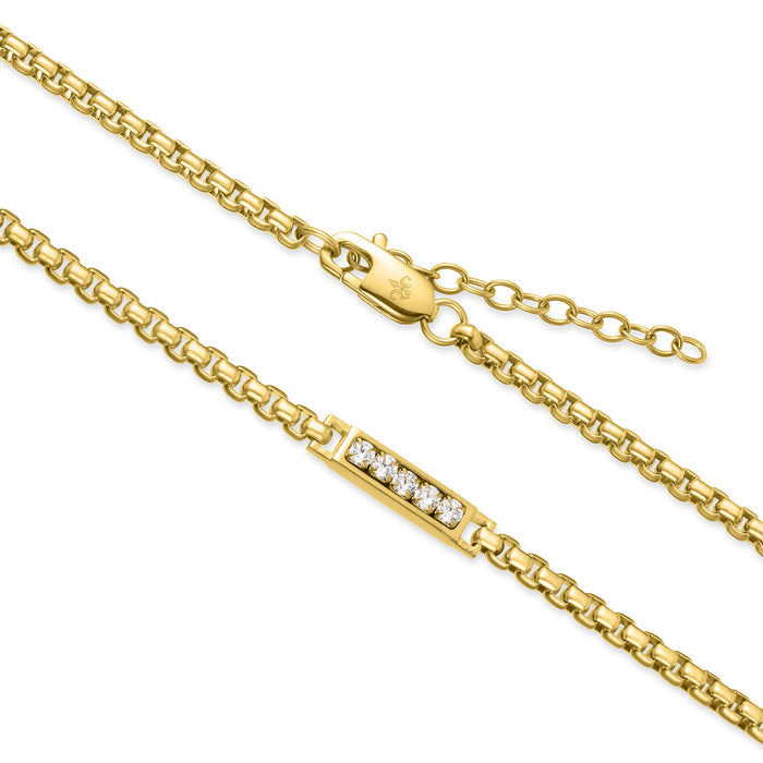 Close-up of The Atlas Ice Necklace, a men's luxury gold chain featuring a rectangular pendant set with sparkling cubic zirconia stones, designed to be noticed and bold by design.