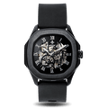 The Avalon - Black men's luxury watch with a bold black case, visible skeleton dial featuring Roman numerals, and black leather strap by Ralph Christian, statement luxury watch designed to be noticed. Bold by Design.