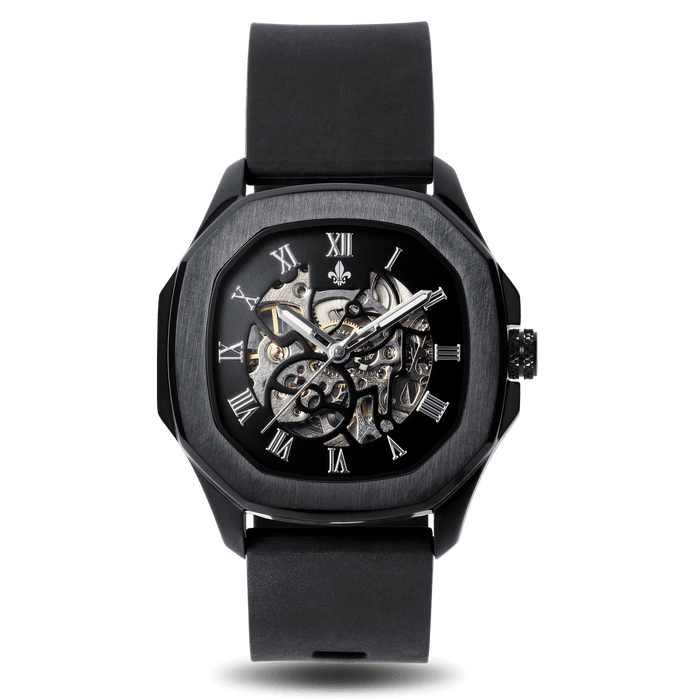The Avalon - Black men's luxury watch with a bold black case, visible skeleton dial featuring Roman numerals, and black leather strap by Ralph Christian, statement luxury watch designed to be noticed. Bold by Design.