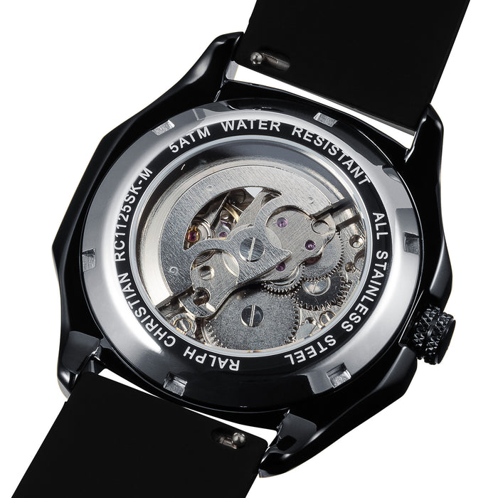 Close-up rear angle of The Avalon - Black men's luxury watch showcasing its exhibition case-back with visible intricate mechanical components, stainless steel casing, and black strap, highlighting bold design details.