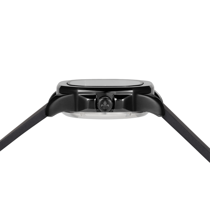 Side profile of The Avalon - Black men's luxury watch featuring a sleek black case, textured crown, and matte black strap, embodying bold by design elegance.