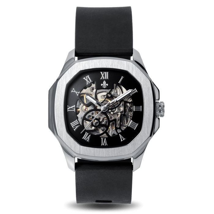 The Avalon - Silver men's luxury watch with a silver-tone steel case, black skeleton dial featuring Roman numerals, and a black leather strap, bold by design.