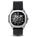The Avalon - Silver men's luxury watch with a silver-tone steel case, black skeleton dial featuring Roman numerals, and a black leather strap, bold by design.