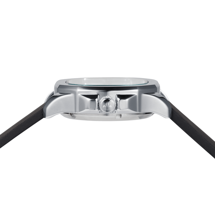 Side profile of The Avalon - Silver men's luxury watch by Ralph Christian, featuring a polished silver case, black strap, and a detailed crown for a bold statement design.
