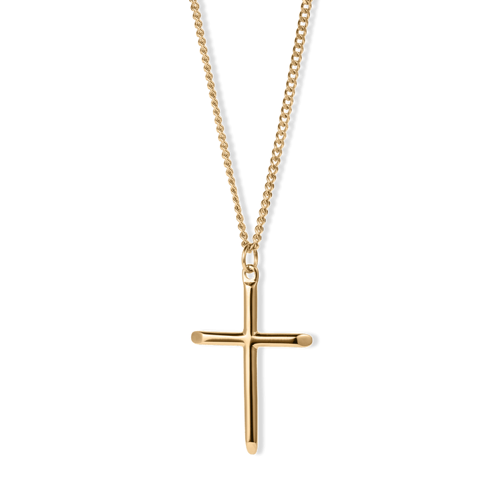 The Cross Essentials Bundle - Gold featuring a sleek, polished gold cross pendant on a matching gold chain necklace, designed as bold men's jewelry with a luxurious finish.