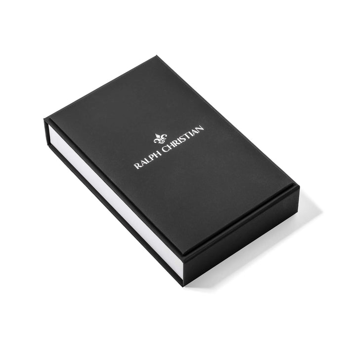 Black rectangular presentation box with white interior edges, featuring the Ralph Christian logo on the lid, designed for The Cross Essentials Bundle - Silver packaging.
