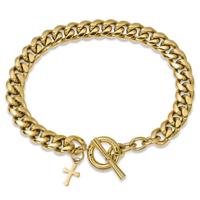 The Cross Pendant Bracelet - Gold features a bold, polished gold curb chain with a toggle clasp and a small cross charm, embodying statement men's jewelry designed to be noticed.