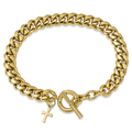 The Cross Pendant Bracelet - Gold features a bold, polished gold curb chain with a toggle clasp and a small cross charm, embodying statement men's jewelry designed to be noticed.