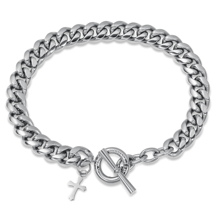 The Cross Pendant Bracelet - Silver features a polished silver chain link design with a small cross charm and a toggle clasp, embodying bold luxury jewelry by Ralph Christian.