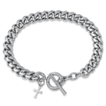The Cross Pendant Bracelet - Silver features a polished silver chain link design with a small cross charm and a toggle clasp, embodying bold luxury jewelry by Ralph Christian.