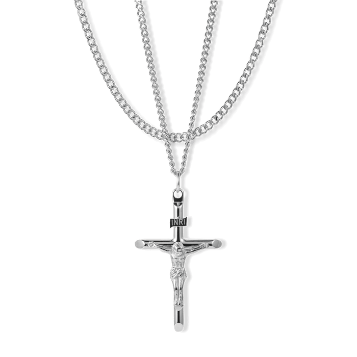 The Crucifix Essentials Bundle - Silver featuring a polished silver crucifix pendant on a matching silver chain, designed as a bold men's jewelry statement piece.