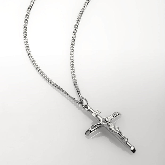 The Crucifix Essentials Bundle - Silver necklace featuring a polished silver crucifix pendant on a sleek chain, men's jewelry designed by Ralph Christian, bold by design.