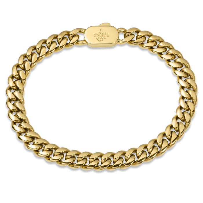 The Cuban Bracelet - Gold with a polished thick curb chain design and a secure clasp featuring a subtle engraved emblem, embodying bold luxury by Ralph Christian.