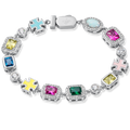 The Gemstone Bracelet featuring a silver-tone chain with colorful cubic zirconia stones in blue, yellow, pink, green, and opal-like accents, designed to be noticed.