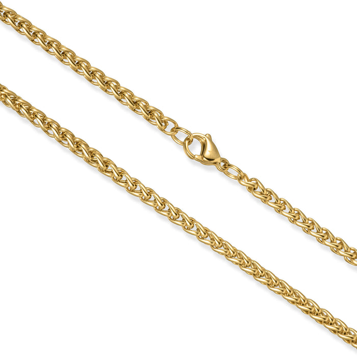 Close-up of The Gold Wheat Necklace - Essentials Collection for men, featuring a bold, intricately woven gold chain with a secure lobster clasp, crafted for standout luxury jewelry.