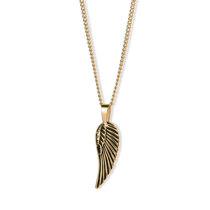 The Gold Wing Pendant - Essentials Collection features a sleek gold-tone wing pendant on a matching chain, crafted for men's jewelry with bold and luxurious design.