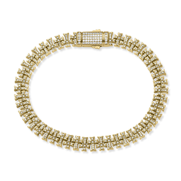 Gold-tone bracelet with interlocking links and a rectangular clasp encrusted with small cubic zirconia stones, shown on a white background.