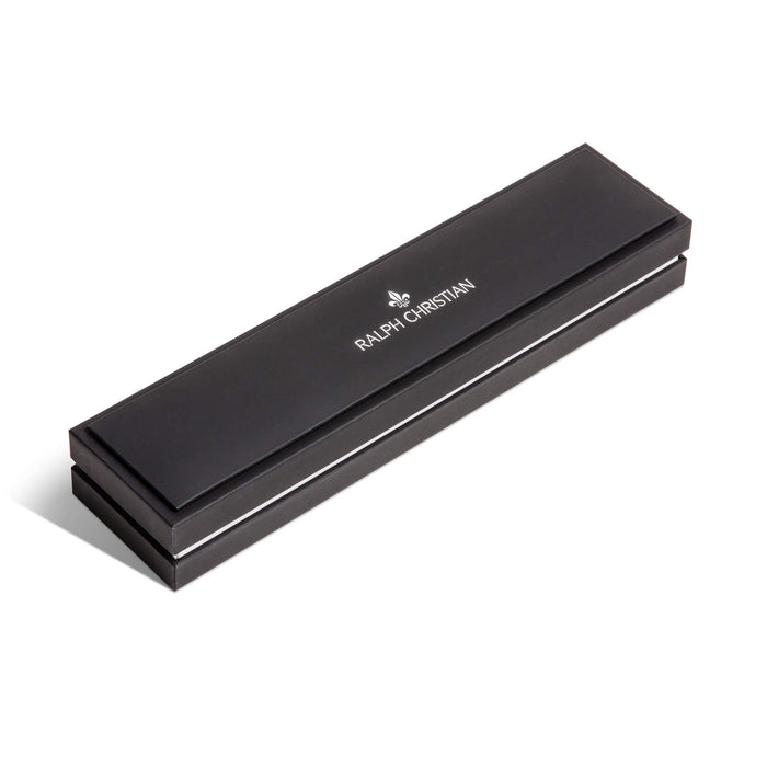 Black rectangular jewelry box with a smooth matte finish and the Ralph Christian logo centered on the lid, designed for presenting luxury watches or bracelets.