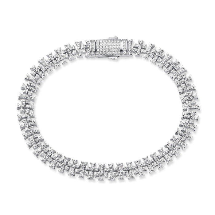 The Iced Creed Bracelet - Silver, a men's luxury jewelry piece featuring a bold silver tone with an intricate cross-link design and sparkling cubic zirconia accents, bold by design.