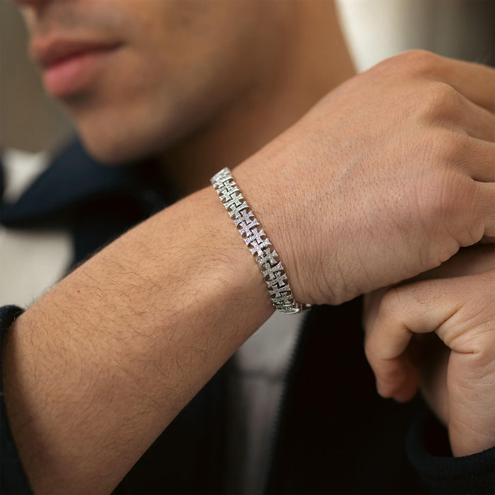The Iced Creed Bracelet - Silver worn on a male wrist, featuring a bold silver link design crafted for men’s jewelry statements. Bold by Design.