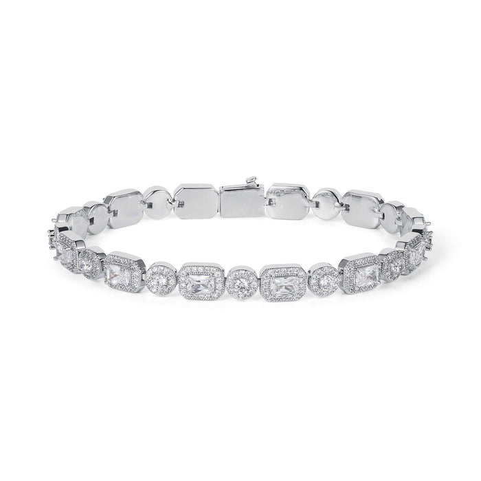 The Iced Versailles Bracelet featuring a bold men's design with rectangular and round cubic zirconia stones set in a polished silver-tone metal for a standout luxury jewelry piece.