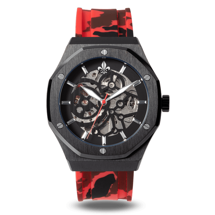 The Maverick STEEL - Camo Red men's luxury watch with a black steel case, skeleton dial exposing inner mechanics, and a bold red and black camo-patterned silicone strap.