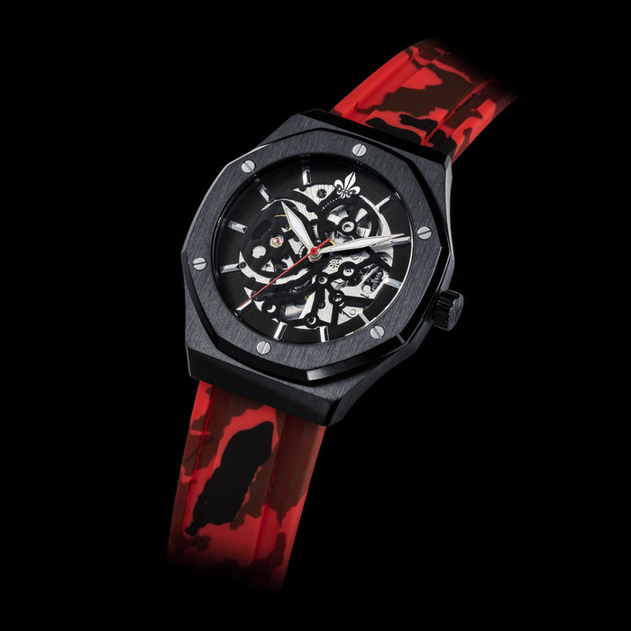 The Maverick STEEL - Camo Red men's luxury watch featuring a black angular case, skeleton dial with bold hands, and a red camo patterned strap, bold by design.