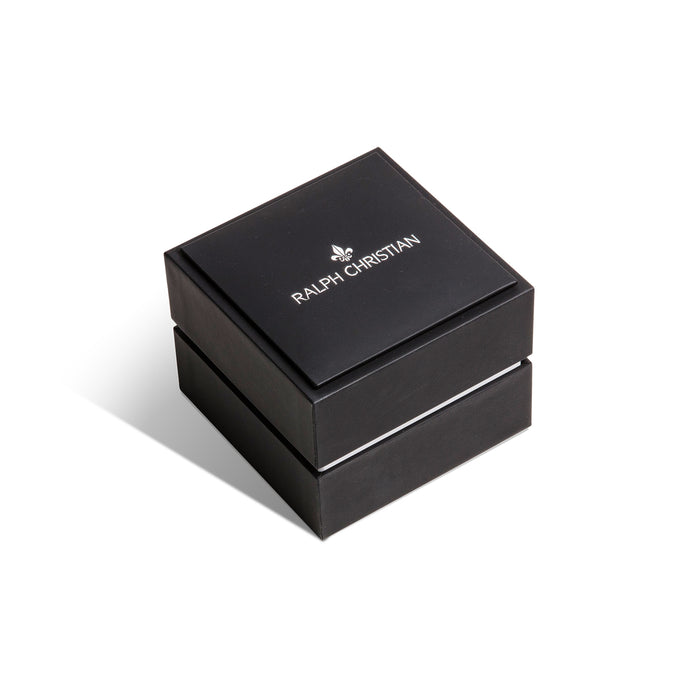 Black luxury watch box with silver Ralph Christian logo on the lid, designed to hold The Maverick STEEL - Camo Red, a men's statement watch bold by design.