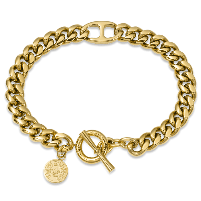 The Medallion Bracelet - Gold featuring a polished gold chain link design with a circular toggle clasp and a small round medallion charm engraved with Ralph Christian branding, bold by design.