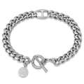 The Medallion Bracelet - Silver, a bold and polished silver chain bracelet featuring a toggle clasp and a round engraved charm, designed for statement luxury jewelry lovers.