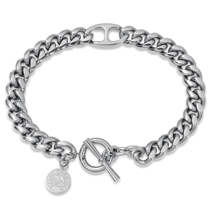 The Medallion Bracelet - Silver, a bold and polished silver chain bracelet featuring a toggle clasp and a round engraved charm, designed for statement luxury jewelry lovers.