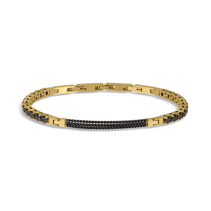 The Midnight Luxe Bracelet for men featuring a bold design with a gold-tone chain and a textured black centerpiece, embodying statement luxury jewelry by Ralph Christian.
