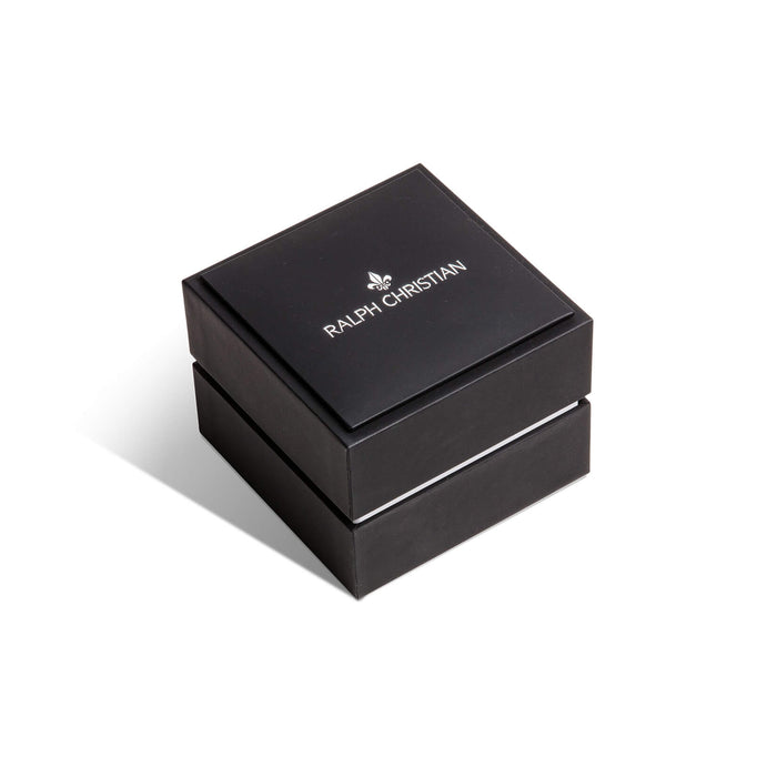 Black luxury watch box with silver Ralph Christian logo, designed for the Intrepid Sport Carbon Fibre - Polar Sun, reflecting bold by design and premium craftsmanship.