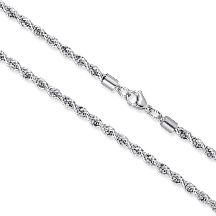 The Silver Rope Necklace - Essentials Collection features a polished silver twisted rope chain with a sturdy lobster clasp, designed as bold men's jewelry for a standout look.