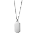 The Silver Totem Pendant - Essentials Collection features a sleek, polished silver rectangular pendant with beveled edges, suspended from a matching fine silver chain, designed for men.