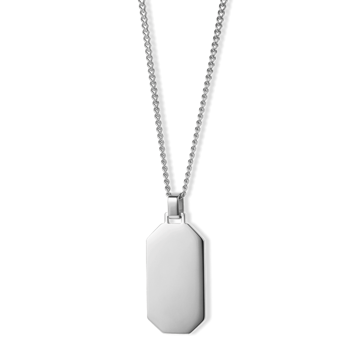 The Silver Totem Pendant - Essentials Collection features a sleek, polished silver rectangular pendant with beveled edges, suspended from a matching fine silver chain, designed for men.