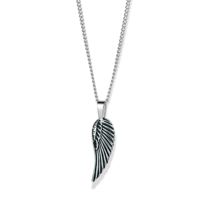 The Silver Wing Pendant - Essentials Collection, a men's silver wing-shaped pendant on a silver chain, detailed with feather engravings for a bold statement jewelry piece.