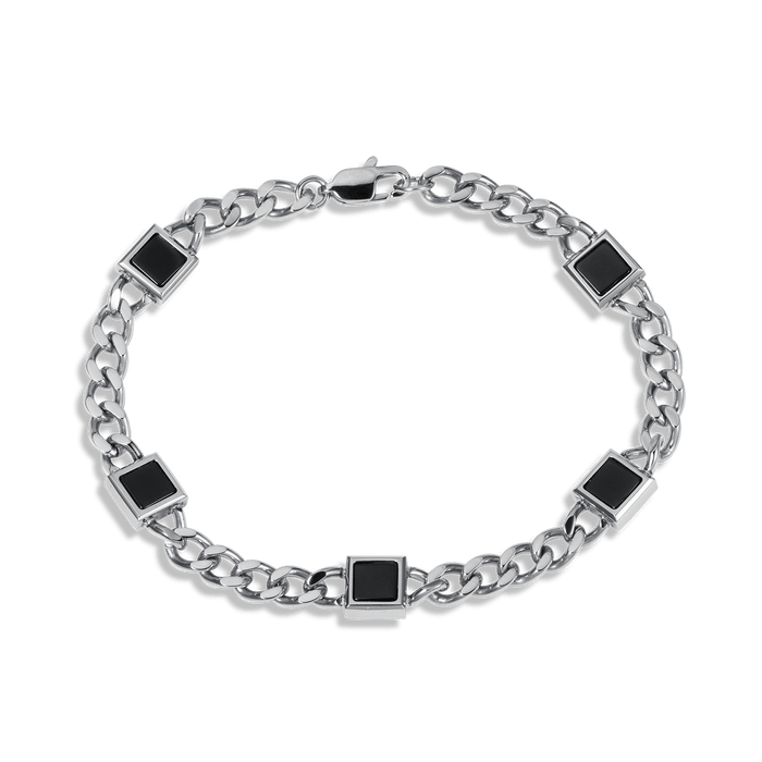 The Urban Agate Bracelet for men, featuring a polished silver chain with five evenly spaced square black agate stones, designed as bold men's jewelry.