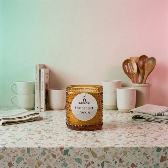 Unscented candles Coconut Wax Candles in amber glass on a tabletop with kitchen utensils and mugs.