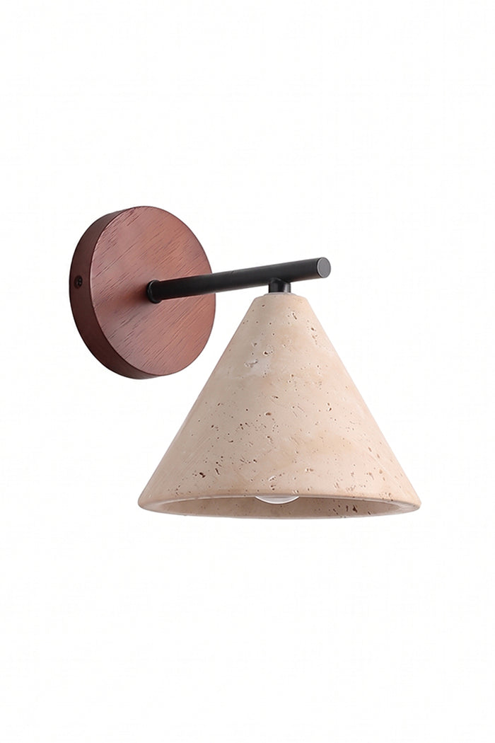 Vesper Cone Travertine Wall Light | Travertine, Wood | Cone shade with circular wood backplate | Isolated product shot | Samu Lamp