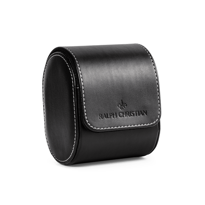 Black leather Watch Case with white stitching and embossed logo, designed to protect and store luxury timepieces, reflecting Ralph Christian’s bold by design aesthetic.