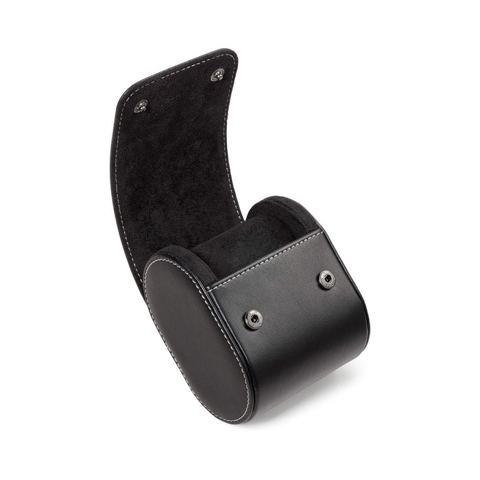 Black leather Watch Case with white stitching detail, featuring a soft suede interior and snap-button closure designed for secure and stylish watch storage.